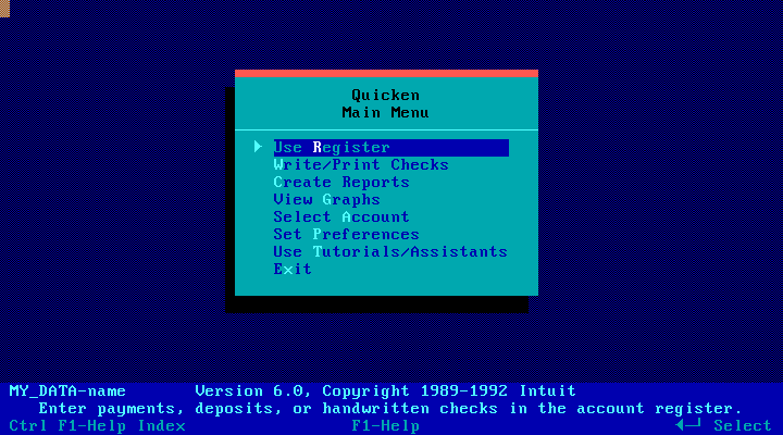 Quicken 6.0 for DOS - Menu